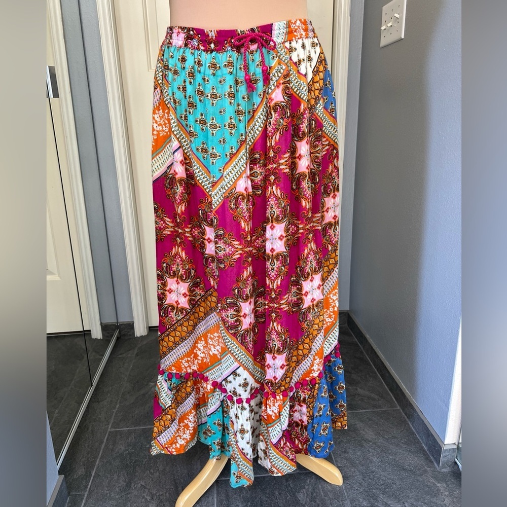 RD + KoKo Anthropologie Pink Floral Patchwork Ruffle Maxi Skirt Size Medium Boho